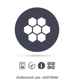 Honeycomb sign icon. Honey cells symbol. Sweet natural food. Report document, information and check tick icons. Currency exchange. Vector