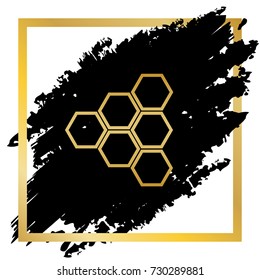 Honeycomb sign. Vector. Golden icon at black spot inside golden frame on white background.