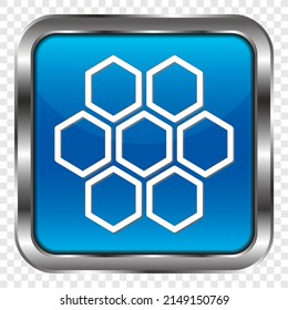 Honeycomb simple icon vector. Flat design. Metal, blue square button. Transparent grid.ai