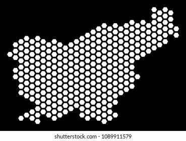 Honeycomb Slovenia map. Vector geographic scheme on a black background. Abstract Slovenia map composition is combined with hexagon blots.