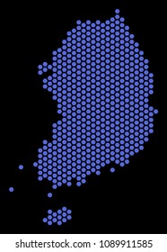 Honeycomb South Korea map. Vector territorial scheme on a black background. Abstract South Korea map mosaic is done of hex-tile spots.