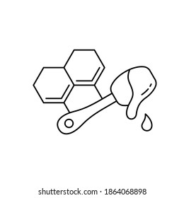 Cebolla de miel con cuchara y miel de goteo. Icono lineal para el diseño del embalaje. Ilustración simple negra. Contorno pictograma vectorial aislado sobre fondo blanco