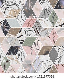 Honeycomb stone granite and marble seamless pattern with monstera. Aesthetic pattern with random textures