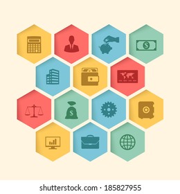 honeycomb structure elements with money, finance and banking icons set. vector graphic business modern template