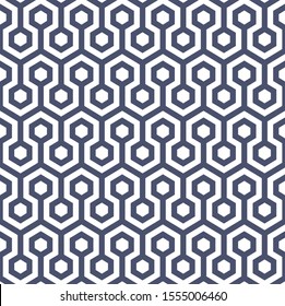 Honeycomb style pattern with blue indigo hexagons on white background. Abstract seamless geometric vector pattern for textile, wrapping, product design.