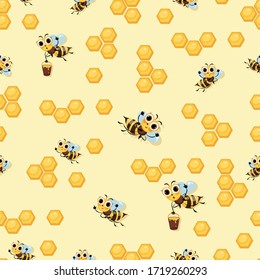 Honeycomb. Swarm of bees. Background, seamless pattern. Cute kid character. Cartoon cute bees. 