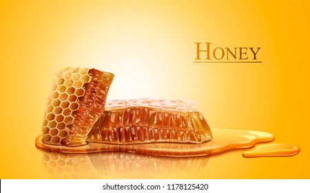 Honeycomb And Sweet Pure Honey In 3d Illustration