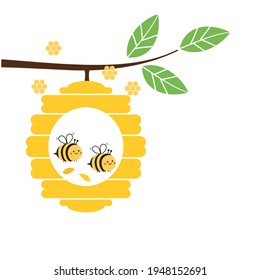 Honeycomb with tree branch and bee cartoons isolated on white background vector illustration.