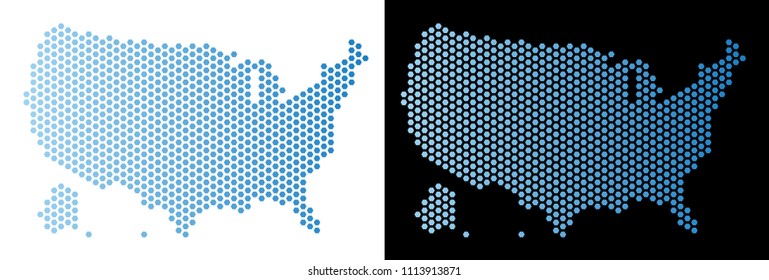 Honeycomb USA with Alaska map. Vector geographic plan in light blue color with horizontal gradient on white and black backgrounds.