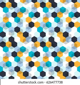 Honeycomb vector background. Seamless pattern with colored hexagons and cubes. Geometric texture, ornament of blue, white and yellow color for business presentation backdrop.