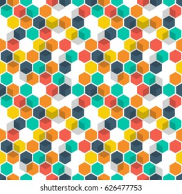 Honeycomb vector background. Seamless pattern with colored hexagons and cubes. Geometric texture, ornament of blue, red, green, white and yellow color for business presentation backdrop.