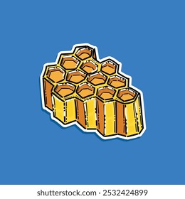 honeycomb vector illustration design sticker style isolated in a blue background. Bee honeycomb, honeycomb filled with golden honey, honey in honeycombs.