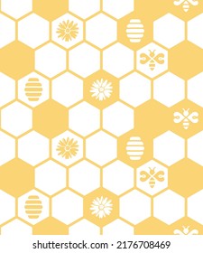 Honeycomb vector seamless pattern. Honey with flowers, hive, bee design.