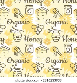 Honeycomb vector seamless pattern. Honey with flowers, hive, bee colorful print design.