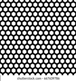 Honeycomb wallpaper. Repeated white interlocking polygons tessellation on black background. Seamless surface pattern design with regular hexagons. Grid motif. Digital paper for web designing. Vector.