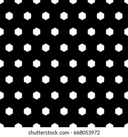 Honeycomb wallpaper. Repeated white interlocking polygons tessellation on black background. Seamless surface pattern design with regular hexagons. Grid motif. Digital paper for web designing. Vector.