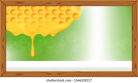honeycomb in a wooden frame and copy space advertisement, honey comb in wood frame for banner advertising, honey bee frame for background, honeycomb in nature farm and hive wood for text