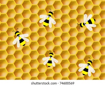 Honeycomb and Working Bees background, vector illustration