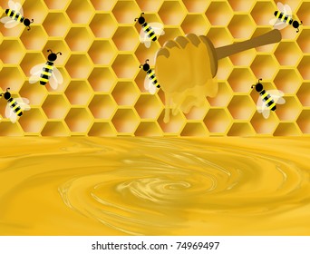 Honeycomb, working bees and honey dripper background, vector illustration