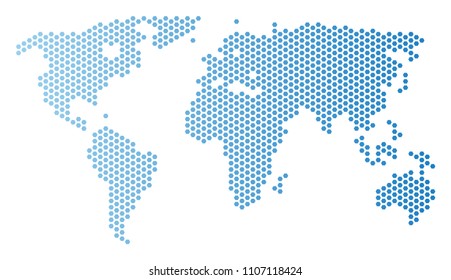 Honeycomb world map. Vector territorial scheme in light blue color with horizontal gradient. Abstract world map mosaic is formed from hexagon elements.