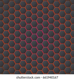 Honeycombs abstract 3d hexagonal seamless backdrop with blue electricity light. Metallic hexagons on red background. Template for cover, posters, banners and other.