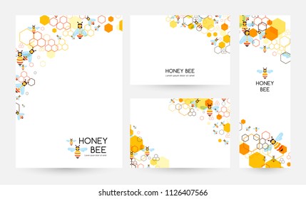 Honeycombs and bee. Design collection of banners, flyers and background with corner decorative elements