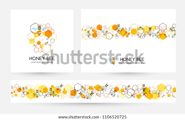 Honeycombs and bee. Design\
collection of banners with round emblem, horizontal border element\
and divider.