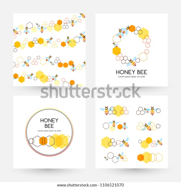 Honeycombs and bee. Design\
collection of cards with curve decors, dividers and round label and\
emblem.