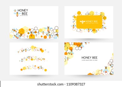 Honeycombs and bee. Design collection. Horizontal banners with corner and border elements. Dividers and rectangle label.