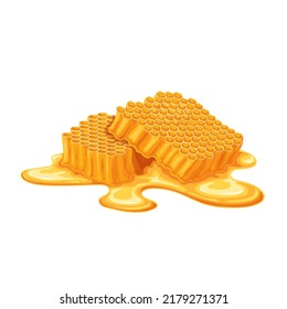 Honeycombs with bee honey from beehive vector illustration. Cartoon yellow honey flows from combs with geometric grid hexagon pattern, isolated fresh organic beekeeping farm product and sweet food