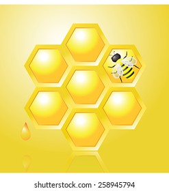 Honeycombs and Bee on Yellow Background - Vector Illustration