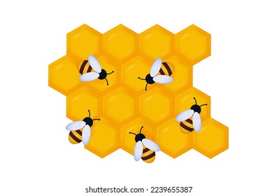 Viñetas y abejas 3d. Insectos y líquido pegajoso y dulce. Marco con miel, patrón hexagonal amarillo, textura naranja. Apiario o apicultura, comida natural saludable. Concepto de trabajo en equipo, ilustración vectorial.