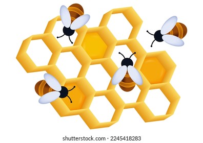 Viñetas y abejas 3d. Insectos y células de cera pegajosa con miel. Marco con líquido dulce, hexagones amarillos, textura naranja. Apiario, abeja-jardín o medio ambiente. Concepto de trabajo en equipo, ilustración vectorial. 