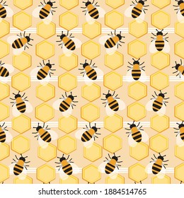 Honeycombs with bumblebees seamless pattern. Flat vector stock illustration. Bumblebees, honeycomb with insects. Sweet endless pattern, ornament, backdrop with bumblebees