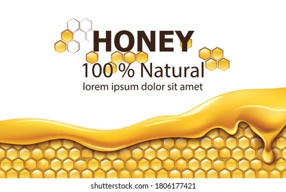 Honeycombs covered in dripping honey. Natural product. With place for text. Realistic. Vector