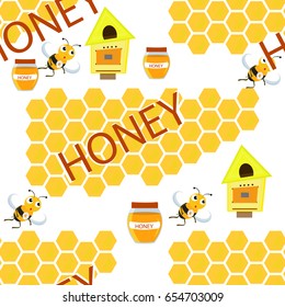 Honeycombs with cute bees and jar of honey Seamless Pattern on white background. Vector Illustration.