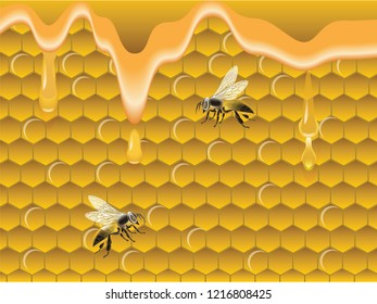 Honeycombs, dripping honey, bees - vector. Natural Products Concept