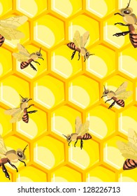 honeycombs filled with honey bees working on them seamless patterns
