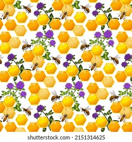 Honeycombs and flowers in a pattern.Colored vector pattern with bees, flowers and honeycombs.