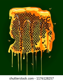 Honeycombs with flowing honey and bees, vector illustration