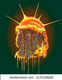 Honeycombs with flowing honey and bees, vector illustration