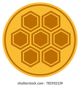 Honeycombs golden coin icon. Vector style is a gold yellow flat coin symbol.