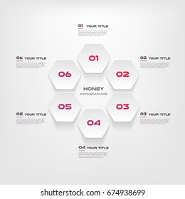 Honeycombs, gradient infographics step by step. Element of chart, graph, diagram with 6 options - parts, processes, timelines. Vector business template for presentation.Abstract background