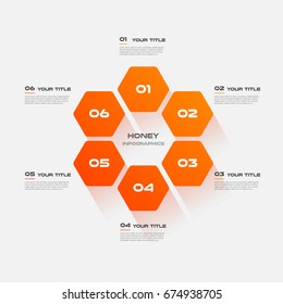 Honeycombs, gradient infographics step by step. Element of chart, graph, diagram with 6 options - parts, processes, timelines. Vector business template for presentation.Abstract background