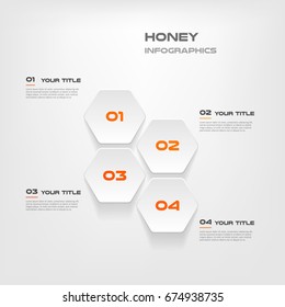 Honeycombs, gradient infographics step by step. Element of chart, graph, diagram with 4 options - parts, processes, timelines. Vector business template for presentation.Abstract background