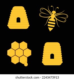 Honeycombs, hexagon cells, bee hives, honey bee with sting, flat style icon symbol on yellow color. Illustrations isolated on black background.