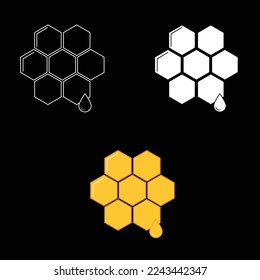 Honeycombs, hexagon cells, honeycombs flat style vector icon symbol on black, white or yellow colors. Illustration sign symbols isolated on black background.
