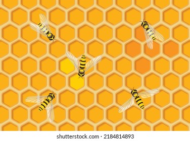 Honeycombs with honey and bees vector seamless pattern