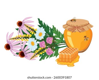 Honeycombs, honey in glass  jar, bee  and flowers isolated on white background. Vector cartoon illustration of organic natural sweets