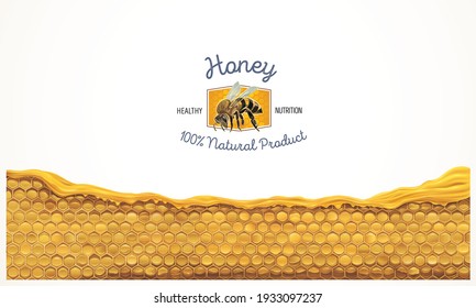 Honeycombs with honey, and a symbolic simplified image of a bee as a design element.